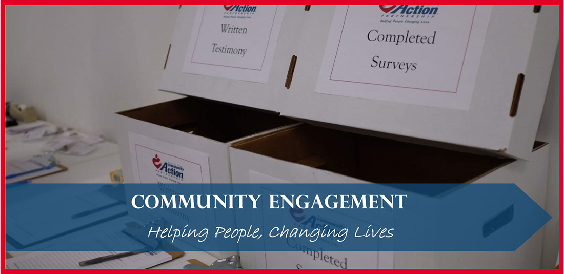 Community Action Partnership banner for the Community Engagement page, showing boxes labeled Written Testimony and Completed Surveys.