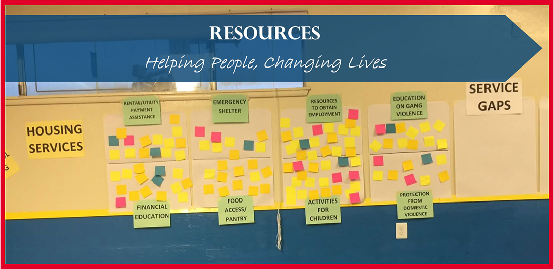 Community Action Partnership banner for Resources, with a board showing the different categories of resources.