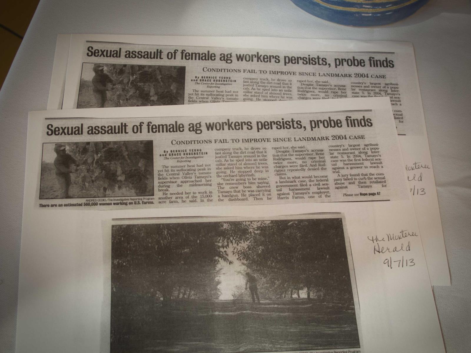 News paper articles on counter regarding sexual assaults on female ag workers