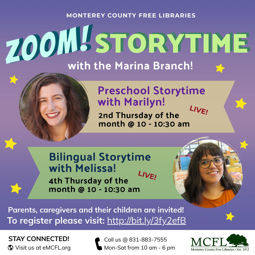 Preschool storytime with Marilyn 2nd Thursday of the month 10-10:30am, Bilingual storytime with Melissa 4th Thursday of the month 10-10:30am