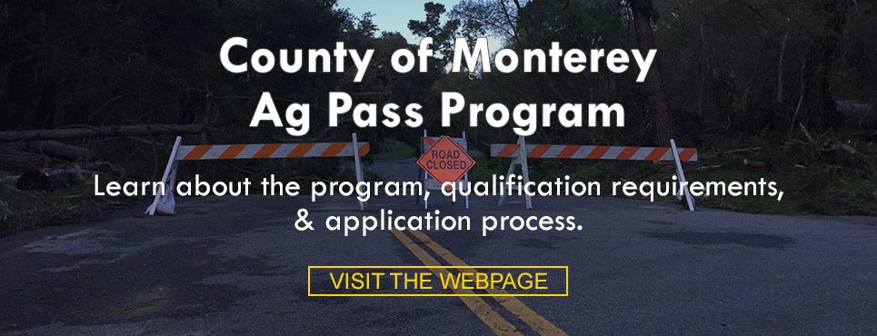 County of Monterey Ag Pass Program webpage with an image of road closure in background