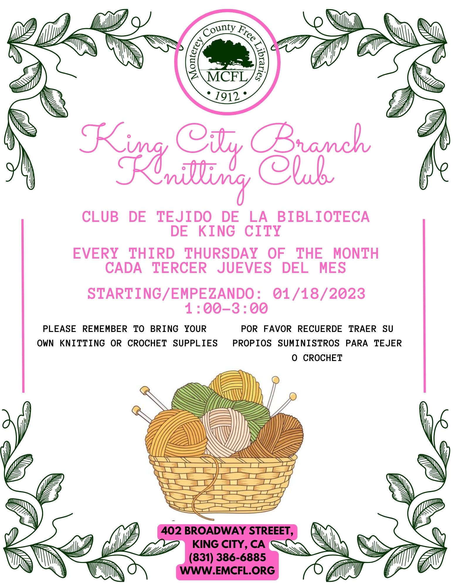 flyer with information about adult knitting club, King City