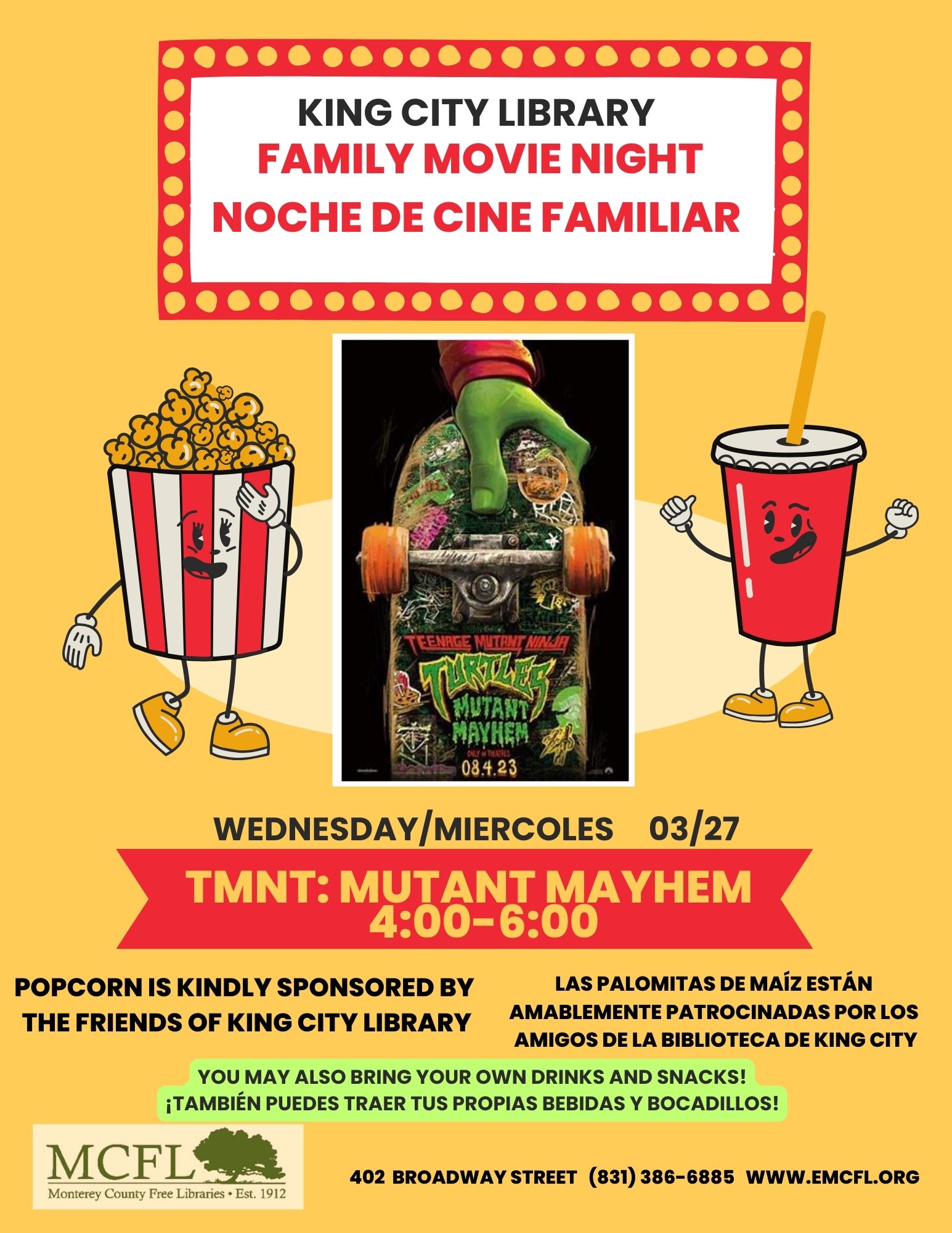 Flyer with information about the movie night at the King City branch