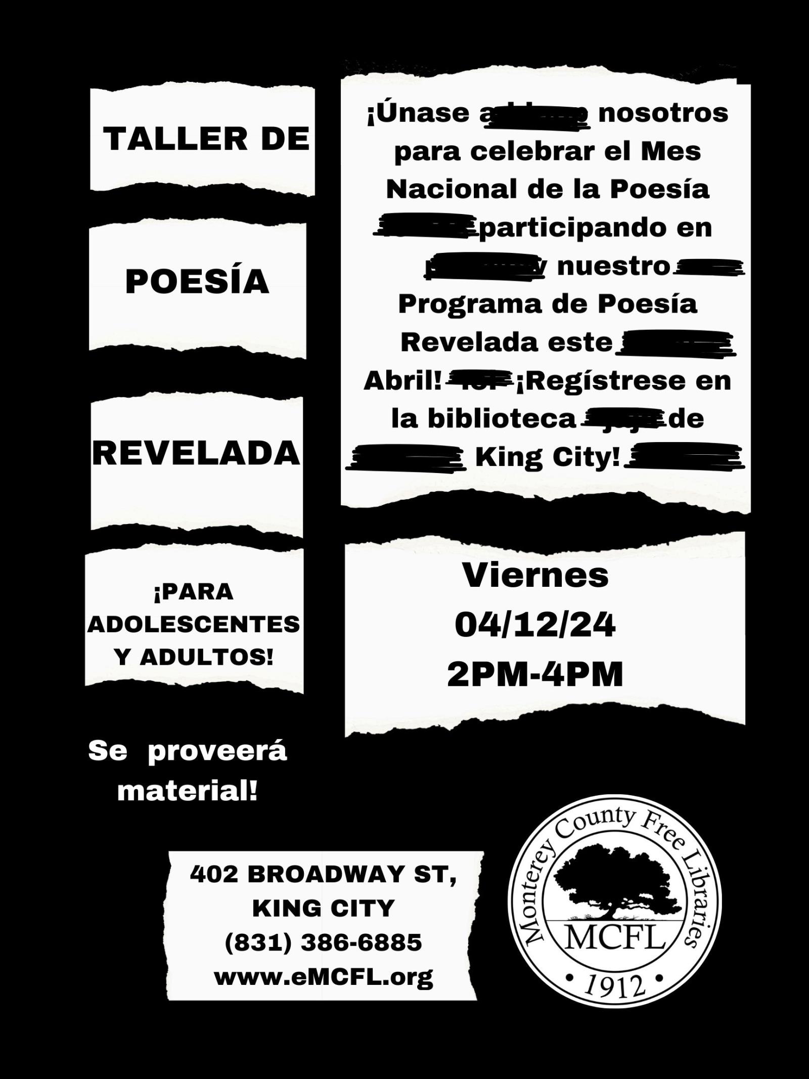 flyer with information about Blackout poetry event in Spanish. Version en español