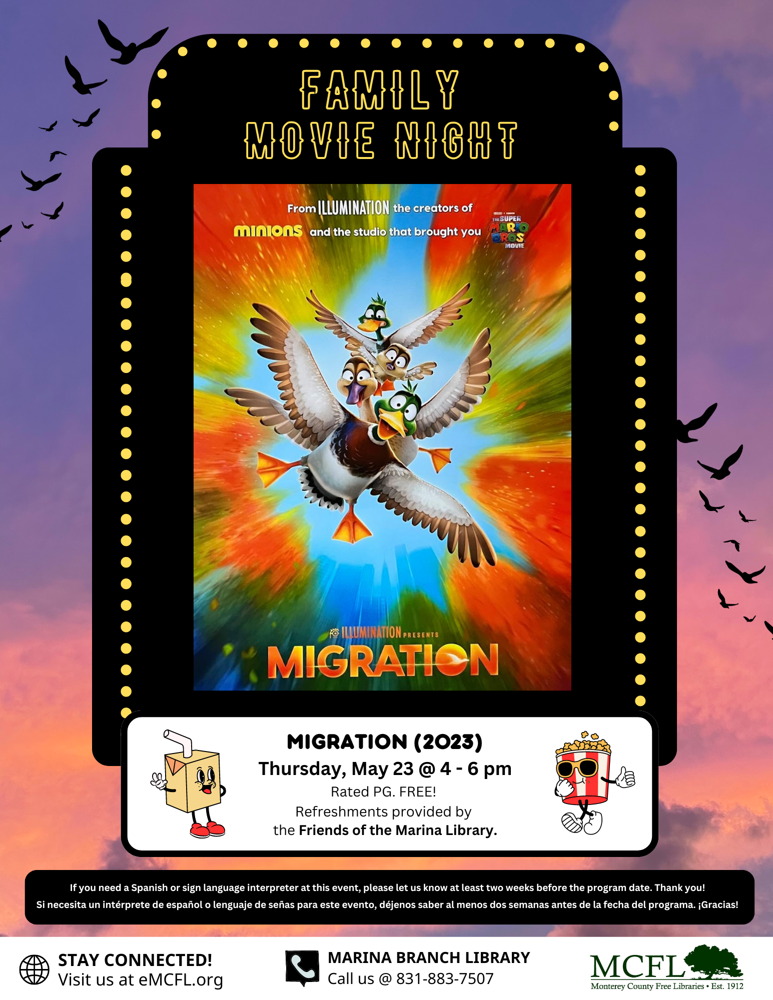 Image of flier including above details, and a movie poster which depicts a family of animate ducks flying at the viewer in front of a colorful fall leaf background.