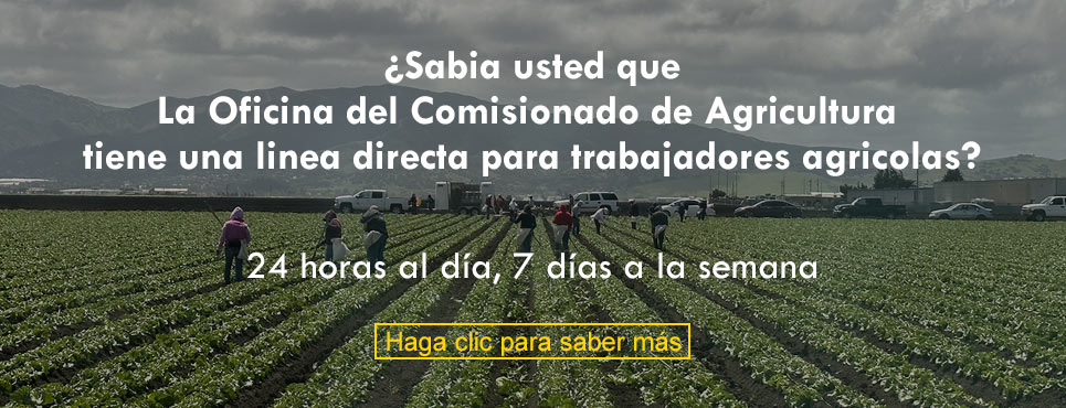 Farmworker Safety Hotline webpage with an image of fields in background